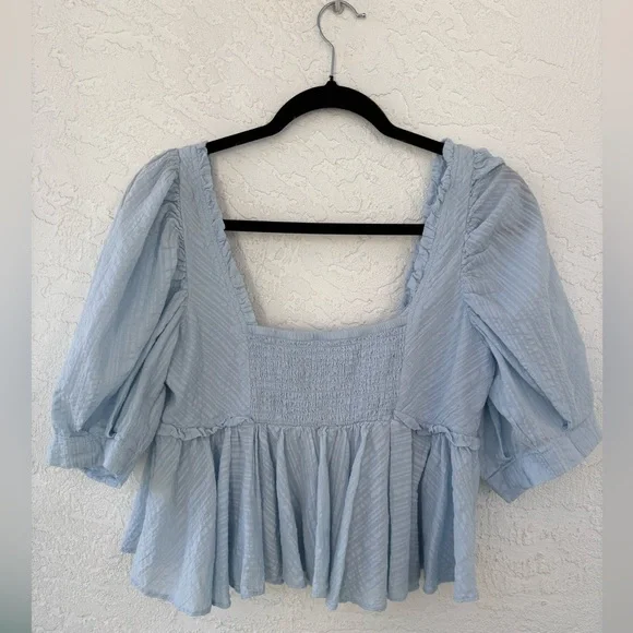 Free People Leave It To Me Peplum Blue Crop Top Small Square Neck Pleated - Picture 5 of 11